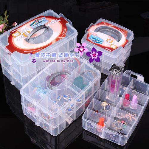 便携可拆透明塑料饰品收纳盒多功能三层首饰盒子手提化妆品收纳箱